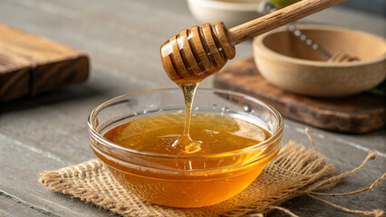 Honey dipping from wooden dipper into the bowl on wooden board