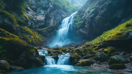 Fototapeta premium Majestic Waterfall Cascading Down Rocky Cliffs into a Serene, Blue Pool