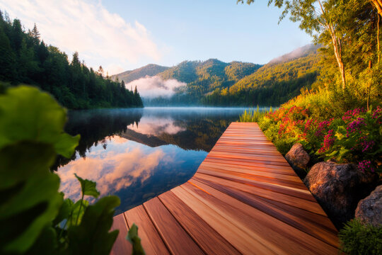 Misty lake with wooden dock for peaceful waterscape and outdoor recreation themes