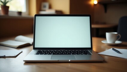 Laptop with blank screen and coffee cup on wooden desk