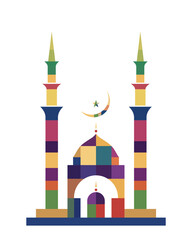 Colorful geometric style mosque design with crescent moon and star. Islamic symbol for Eid Mubarak. Flat vector illustration.