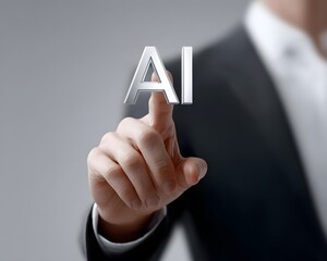 Digital transformation concept with AI and big data icons floating in space, ample lower margin for text,