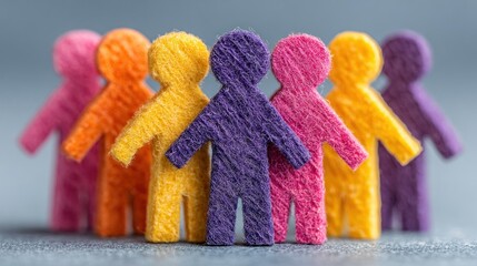 Group of colorful paper figures standing in front of each other on white background, central vibrant orange figure surrounded by pastel pink, purple, blue, green, yellow, and red