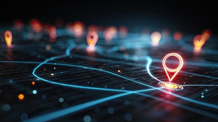Dynamic glowing location markers on a futuristic map highlighting destinations and pathways for navigation and digital solutions