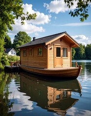 Obraz premium Lakeside wooden houseboat