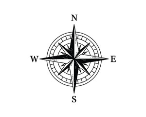 Detailed black and white compass rose design indicating north, east, south, and west. Vector Illustration