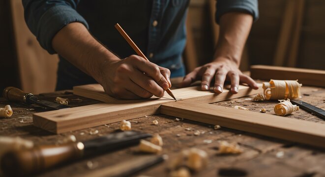 Carpenter marking wood with pencil - Powered by Adobe
