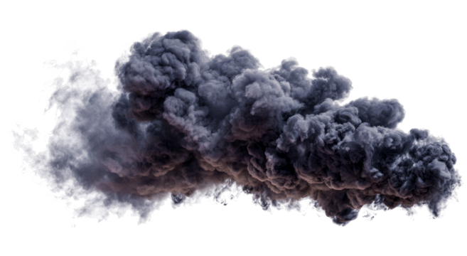 Large plume of dense black smoke from a fire or explosion, isolated on a white background. Concept of pollution, disaster, and combustion.