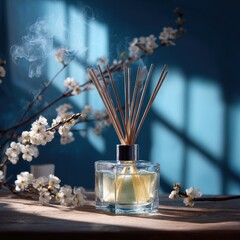 A square glass diffuser with reeds, emitting a light smoke, sits on a wooden surface amongst blossoming branches, bathed in soft blue light