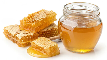 Fresh Honey in jar with honeycomb and lavender springs in white background
