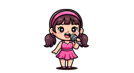Cute Cartoon Girl VECTOR Illustration Singing with Microphone - Adorable Performer