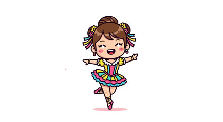 Cute kawaii girl dancer in a colorful ballet dress performing a dance pose, happy chibi character VECTOR illustration.