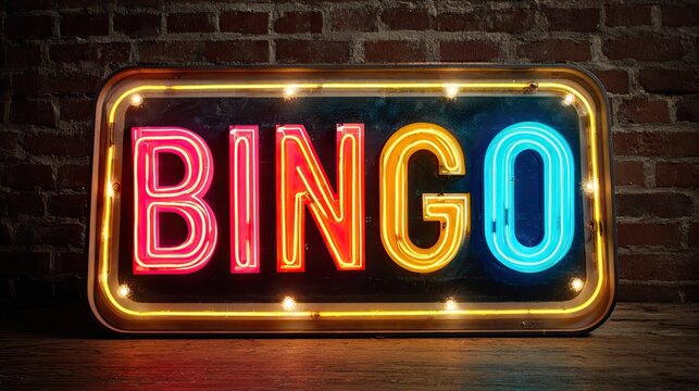 Vibrant Bingo neon sign glows brightly against a rustic brick wall, creating a fun atmosphere for games and entertainment