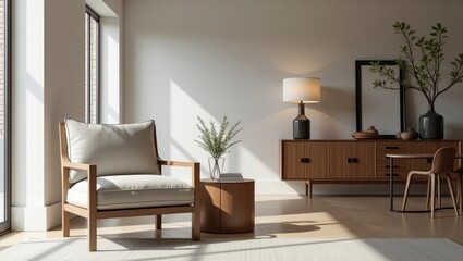 Fototapeta premium Light filled modern living room with wooden furniture