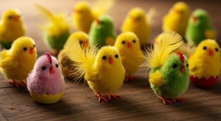 Naklejka premium Adorable Fluffy Yellow Green and Pink Chicks on Wooden Table