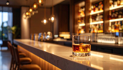 バーカウンターに置かれた琥珀色のウイスキー