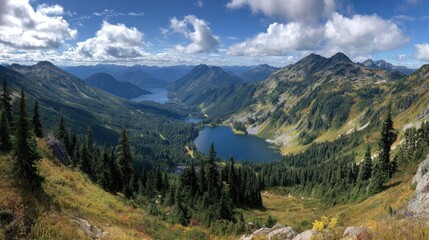 High-angle view of a valley with a serene lake, surrounded by forested mountains under a partly cloudy sky