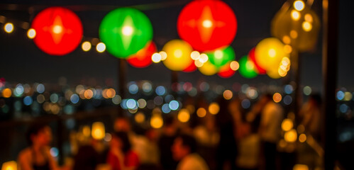 Outdoor party at night with colorful lanterns hanging above, casting warm glows over blurred people in the background enjoying lively music and conversation.