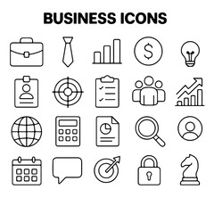 A comprehensive set of sleek business icons, designed to capture the essence of modern corporate identity and convey efficiency.