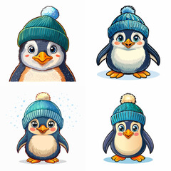 Charming cartoon penguins in cozy winter hats