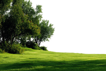 Fototapeta premium A green, grassy field with trees on the side, with a transparent background