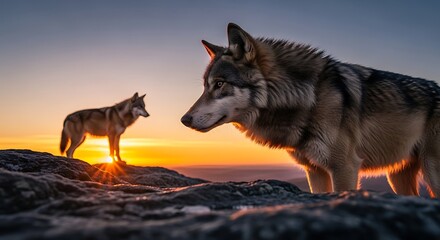 Two wolves standing on a hill during a colorful sunset