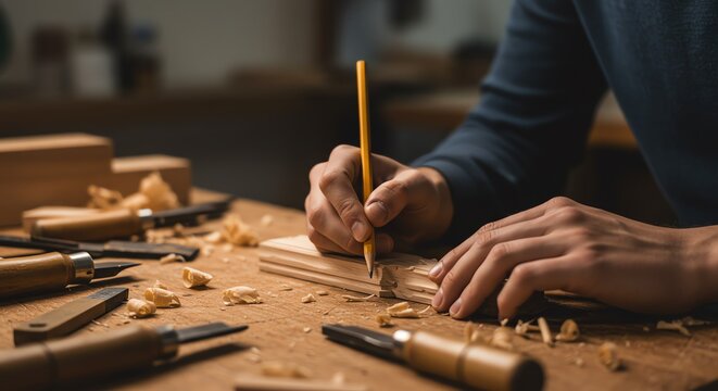 Woodworking craftsperson marking wood with pencil