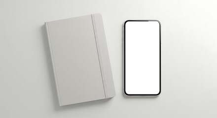 Minimalist Workspace Mockup: Notebook and Smartphone on White Background, Clean Desk Still Life: Modern Mobile Phone and Gray Notepad Template