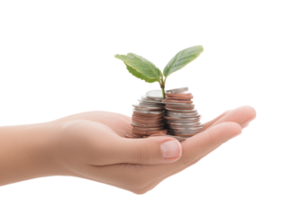 A hand holding coins with a growing plant, isolated on a transparent background