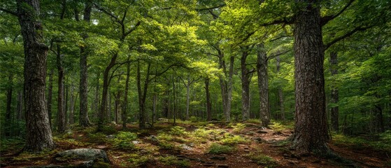 Obraz premium Lush forest canopy, dappled sunlight filters through verdant trees