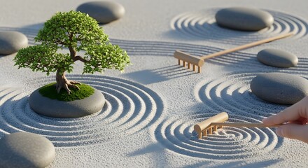 A person's hand raking concentric circles in a miniature Zen garden with a bonsai tree and smooth grey stones.