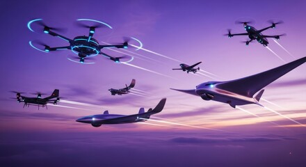 Futuristic Drone Fleet Soaring in Formation Through a Luminous Purple Twilight Sky