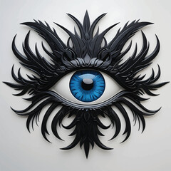 Stylized Eye Illustration Featuring Bright Blue Iris with Black Pupil and Symmetrical Flame-Like Patterns for Fantasy, Symbolic, and Graphic Design Concepts