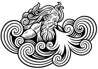 A vector graphic of Aeolus, the Greek God of Wind, blowing a powerful gust, surrounded by swirling waves and wind currents. 