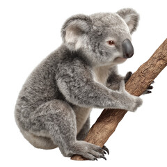 Naklejka premium a koala, full body visible, climbing on a tree branch with its sharp claws, fluffy gray fur with detailed texture, isolated on transparent background