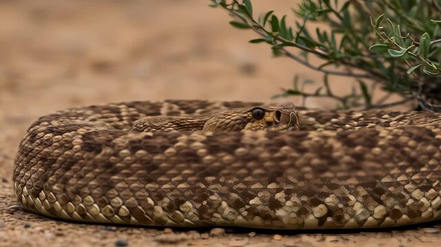 Diamondback Rattlesnake Coiled on Sandy Ground, close up shot, wildlife photography