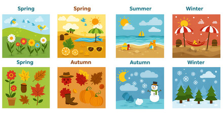 Seasonal Seasons Clipart Set – Spring, Summer, Autumn, Winter Illustration Grid