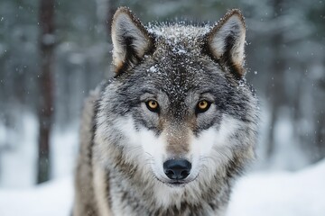 Obraz premium A majestic wild wolf standing in a snowy forest, with snowflakes gently falling around its face and its intense yellow eyes shining in the cold.