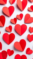 Red paper hearts scattered on white background