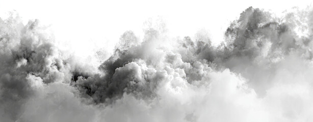 Dramatic black smoke cloud billowing across a panoramic white background, an abstract representation of explosion, pollution, or a storm
