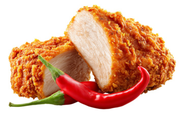 The crispy coating glistens with texture and flavor, while a vibrant red spicy pepper sits in front of the fillet, adding a bold, fiery accent to the delicious composition. Perfect for fast-food promo
