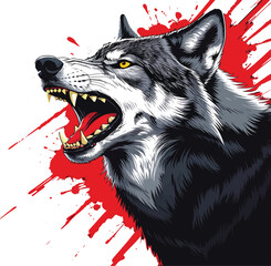 Fierce Wolf Illustration Featuring Open Mouth with Sharp Fangs, Yellow Eyes, and Red Splash Background for Wildlife, Fantasy, and Graphic Design Concepts