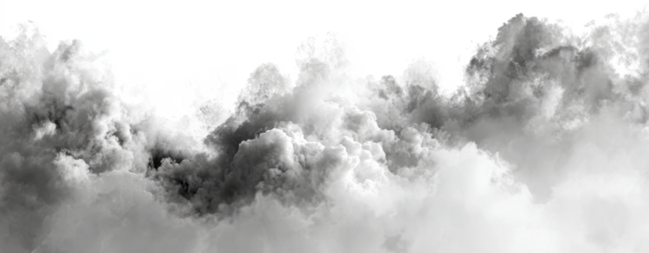 Dramatic black smoke cloud billowing across a panoramic white background, an abstract representation of explosion, pollution, or a storm