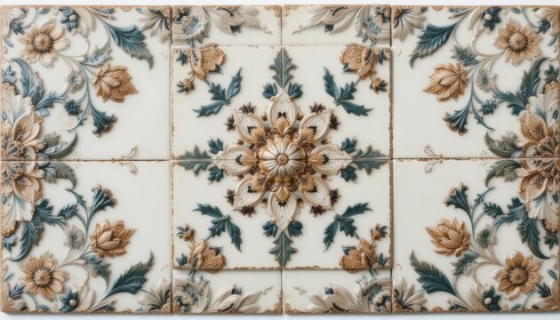 Isolated square ceramic garden tile with floral pattern, white background, high resolution, realistic detail