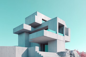 A modern concrete brutalist building with a pale teal sky, showcasing minimalist architecture and a bold, structural aesthetic.