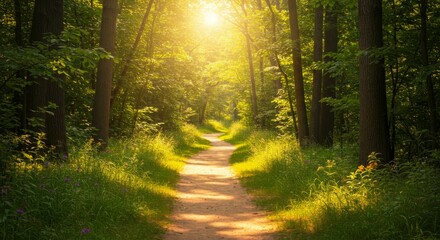 Obraz premium Sunlit Path Through Lush Green Forest