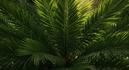 Naklejka premium Close Up of Lush Green Palm Fronds in Sunlight