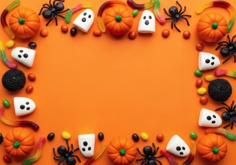 Halloween day, a vibrant halloween candy border featuring pumpkins, spiders, gummy worms, and ghostshaped sweets on an orange background, perfect for festive designs