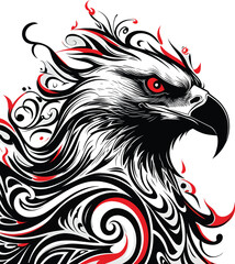 Stylized Eagle Head Illustration Featuring Intricate Black, White, and Red Swirling Patterns with Intense Red Eye for Patriotic, Tribal, and Graphic Design Concepts