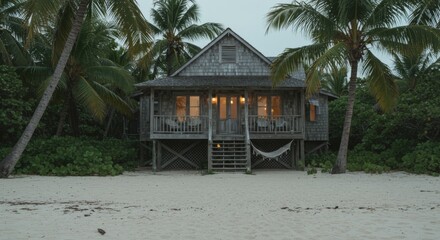 Fototapeta premium Secluded Wooden Beach House at Dusk